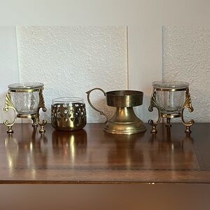 Brass Candleholders Crackled Glass Votive Vintage & Modern 4 Pieces